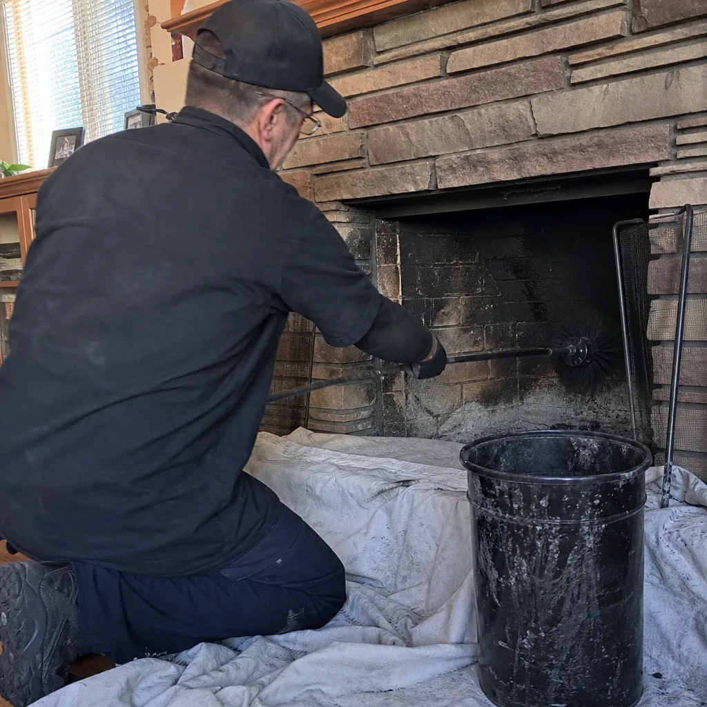 Professional chimney sweep cleaning a brick fireplace interior