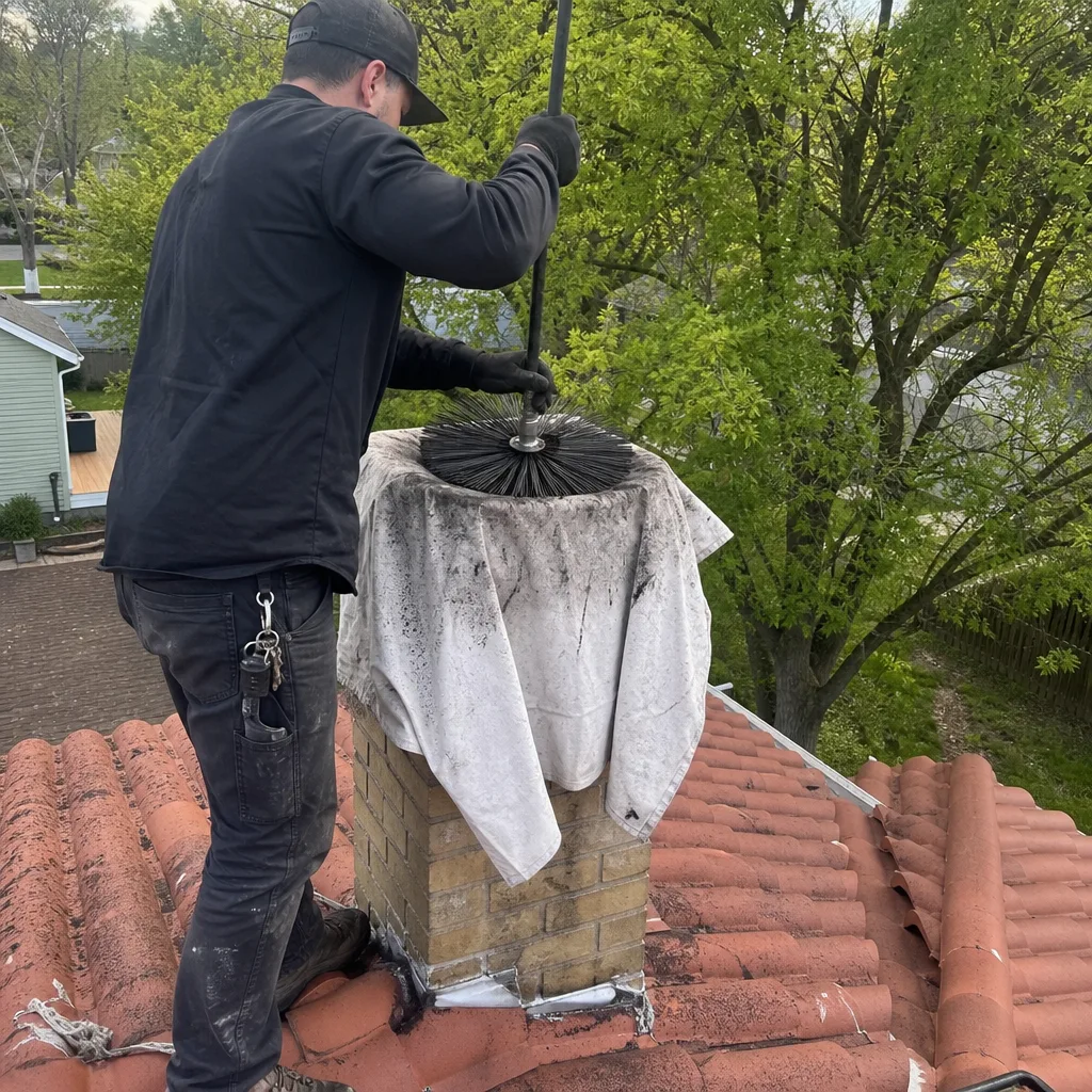 A professional chimney sweep cleaning a brick chimney from the roof.
