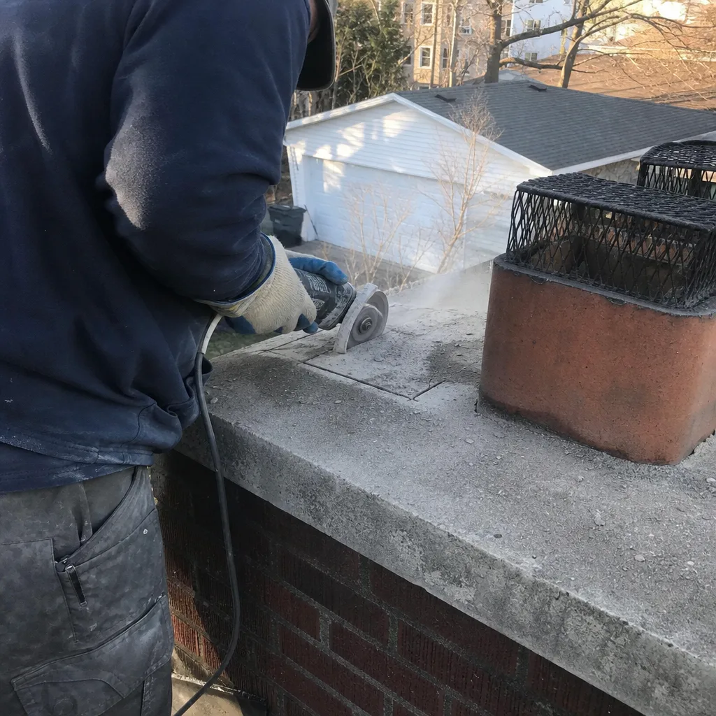 Technician using a power tool for professional chimney masonry repair work
