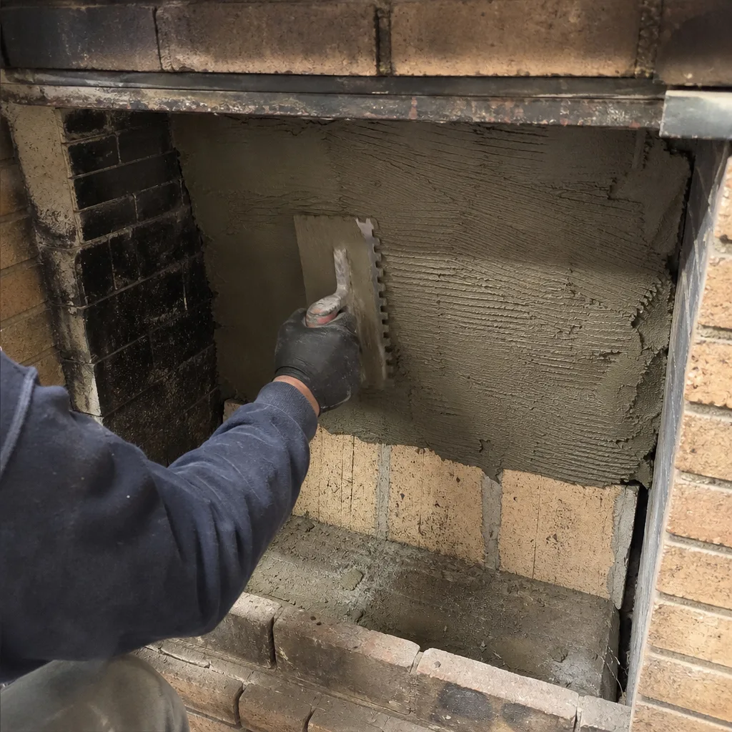 Professional applying mortar to fireplace interior wall using a notched trowel