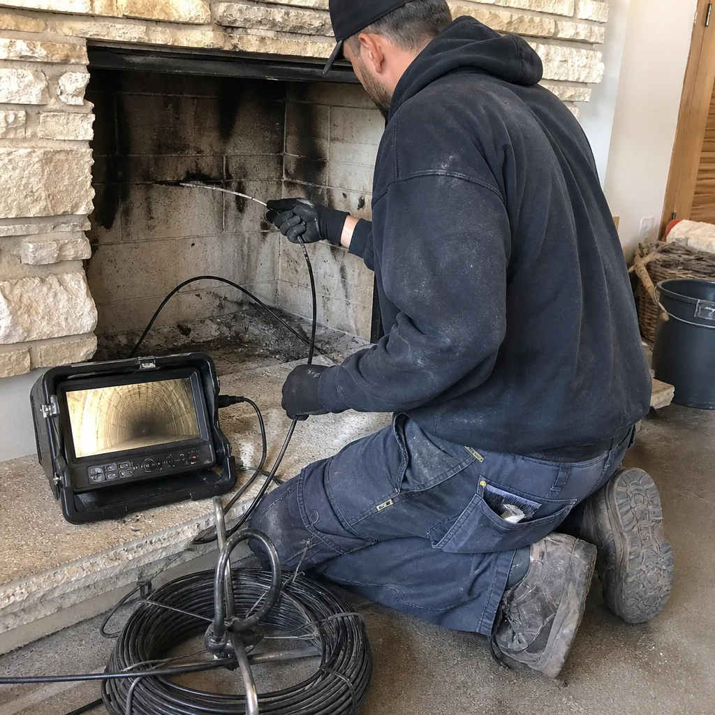 Professional technician performing a video inspection of a residential fireplace chimney.
