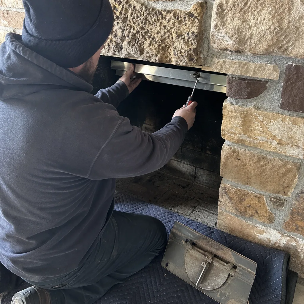 Technician installing a fireplace damper for chimney maintenance services